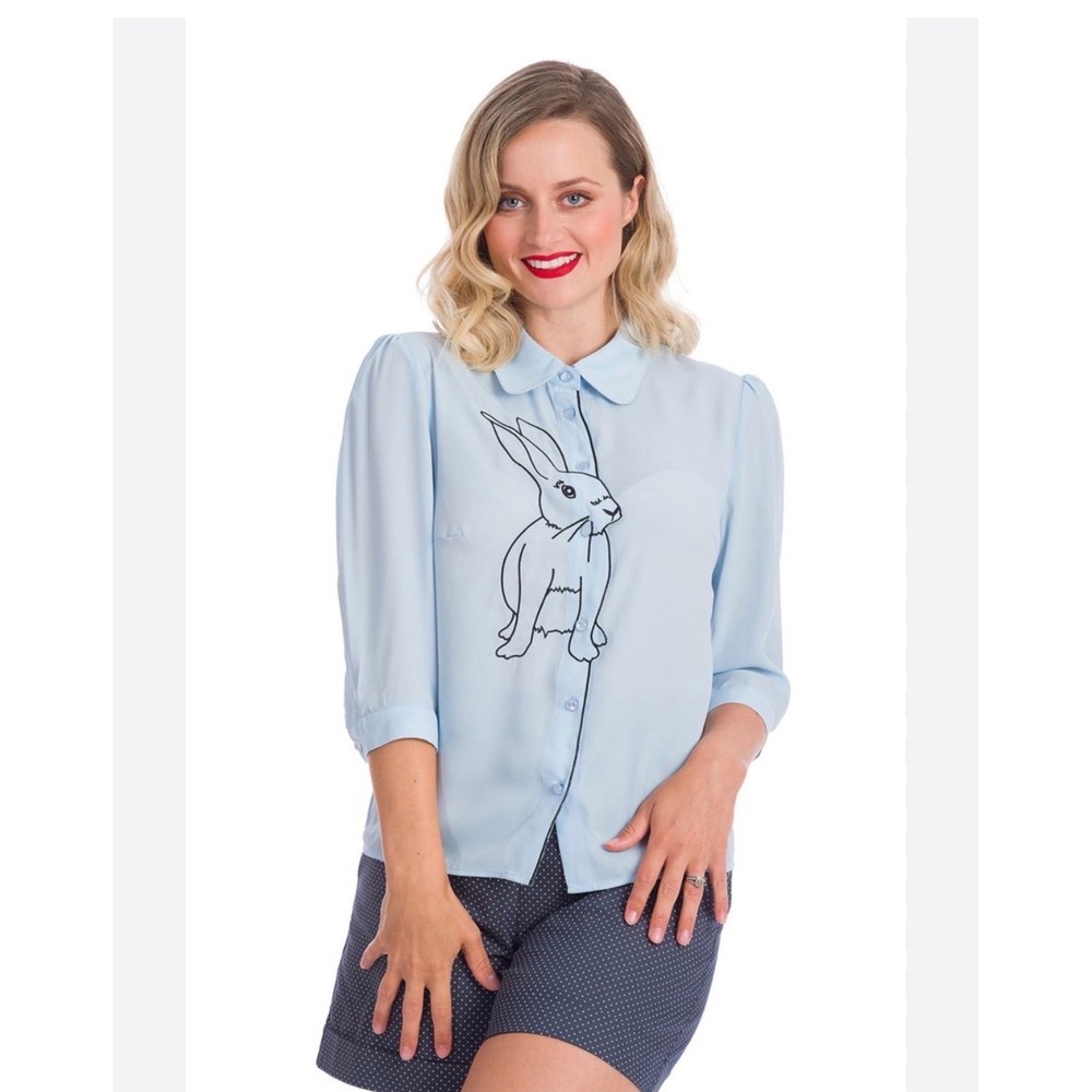 NWT Banned Retro Blue Rabbit Button Down Blouse 2XL Vintage Style Rockabilly - Picture 3 of 7